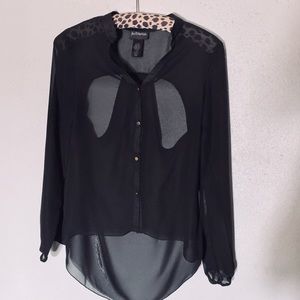 Y2K 90’s “Hot Tempered” “Don’t Be Afraid” Black Sheer Blouse w/Back Cutouts EUC